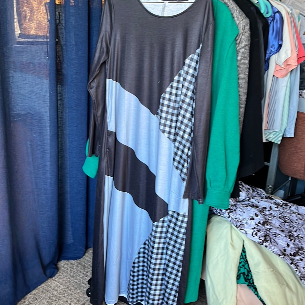 Black, gray and white dress.